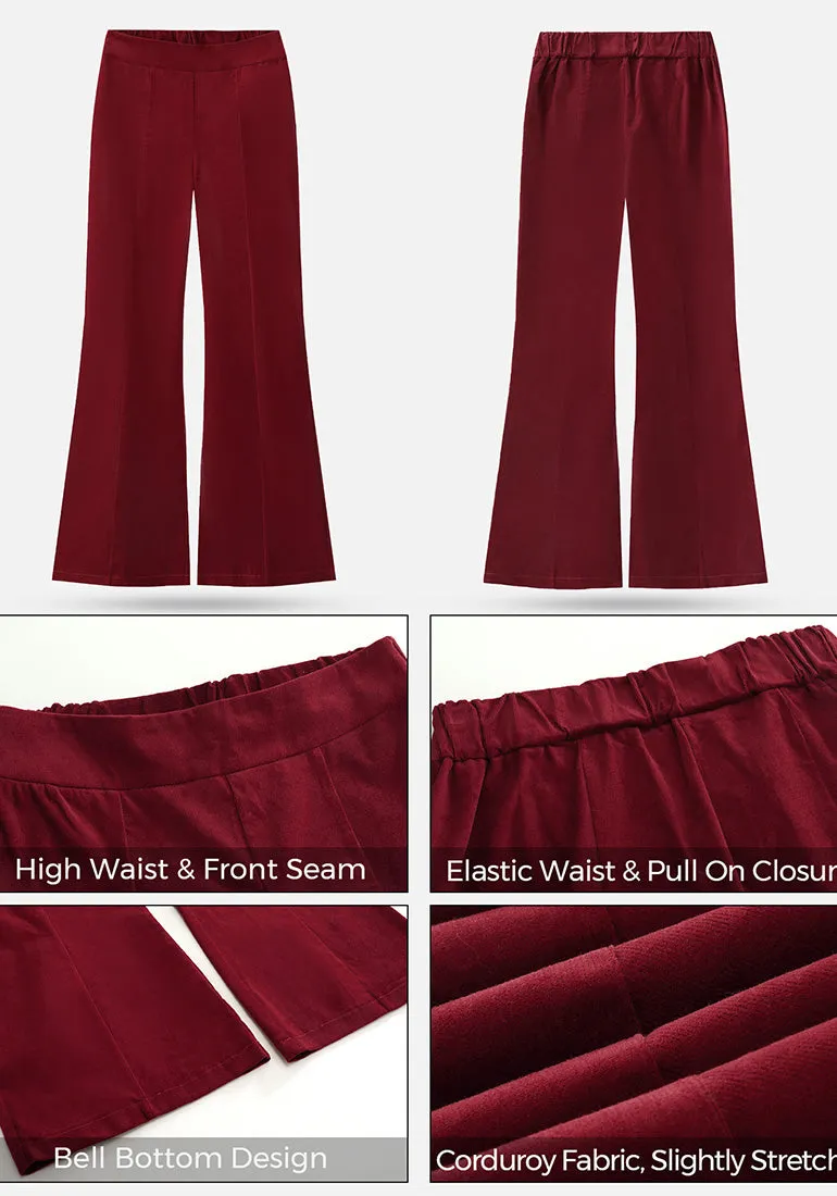 Wine Red Women's Bell Bottom Corduroy Flare High Waisted Front Seam Slacks